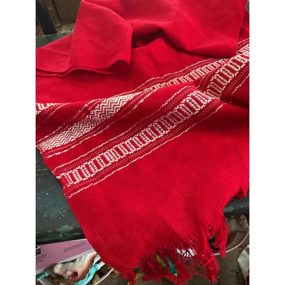 Vintage Red Woven Wool Shawl/Scarf White Geometric Pattern and Fringe